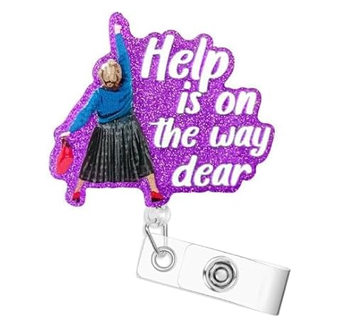 Glittering Retractable Badge Reels, Help is On The Way Caregiver-Inspired Funny Acrylic ID Badge Holder with Alligator Clip for Nurses Students Teachers Lawyer & Office Staff (Purple)