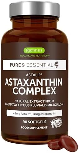 Astaxantina Ultra Pura, Complesso Antiossidante, 42mg di H. Pluvialis Fornisce 4 mg di Astaxantina Naturale, 90 Capsule Vegane, Non OGM - Igennus
