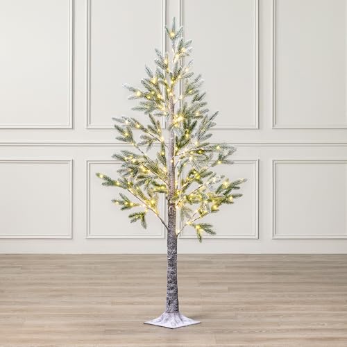 Christow 5ft Pre-Lit Christmas Tree, Artificial Sparse Halden Fir with 240 Warm White Micro LEDs, Snow Flocked PE Tips, Mains Powered with Timer, Indoor Outdoor, 4 Ground Stakes, 150cm x 70cm x 70cm