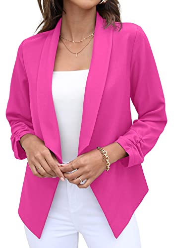 GRECERELLE Women's Blazer Suit Open Front Cardigan 3/4 Sleeve Fitted Jacket Casual Office Cropped Blazer Rose Red-6