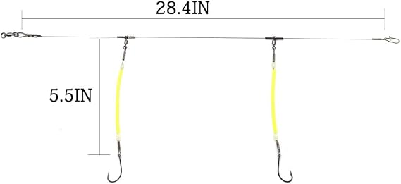 Saltwater Fishing Leaders, 49 Strands Stainless Steel Cable Tackle Rigs, Hooks, Swivels, Snap Connectors, Luminous Bead, 2 Arm Fishing Rig
