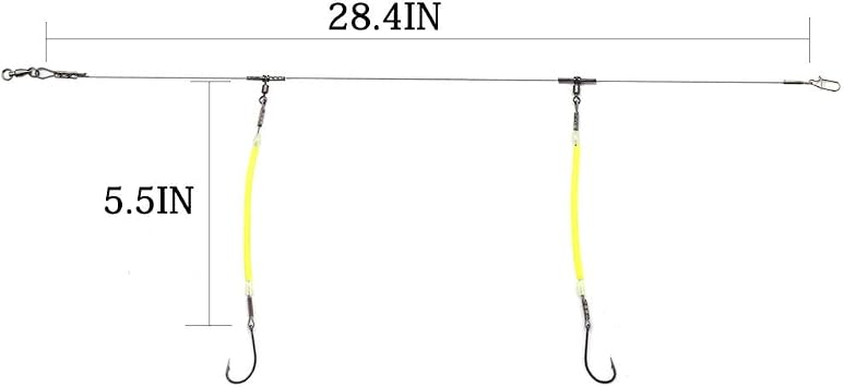 Saltwater Fishing Leaders, 49 Strands Stainless Steel Cable Tackle Rigs, Hooks, Swivels, Snap Connectors, Luminous Bead, 2 Arm Fishing Rig