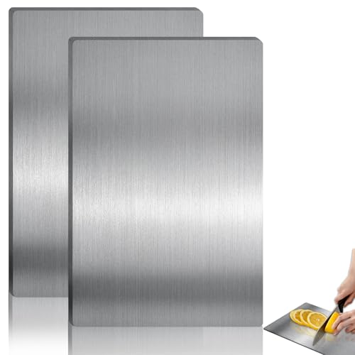 2 Tablas de Cortar de Titanio y Acero Inoxidable, 34 x 23 cm, Placas de Corte Antibacterianas de Doble Cara para Carne, Verduras y Frutas