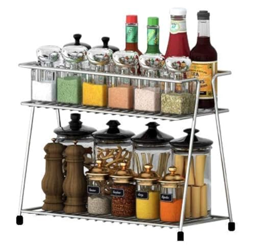 12FOR COLLECTION Contenedor de acero inoxidable para especias de 2 niveles, organizador de cocina para cajas, utensilios, platos, platos para el hogar (estante de almacenamiento de cocina, estante