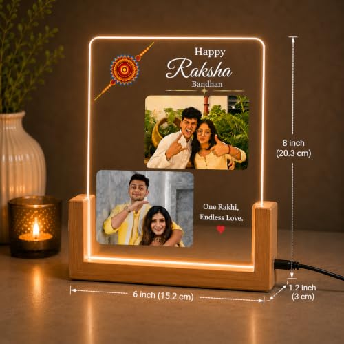 Image of Personalized Raksha Bandhan Acrylic LED Lamp with Custom Photo (Design 2) | Night Light, Brother Sister, Free Rakhi Included, Custom Photo