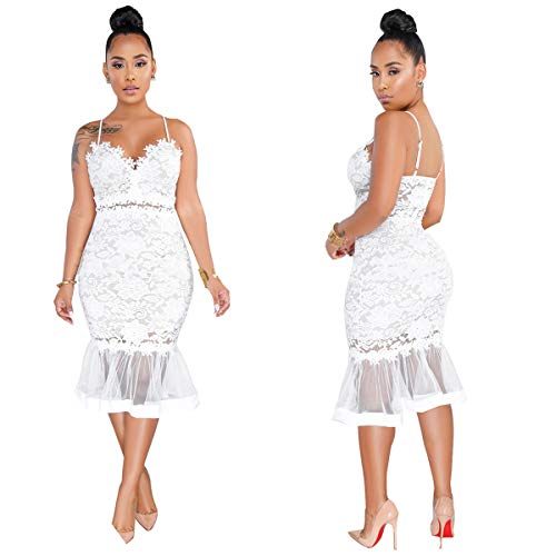 Womens Sexy Sleeveless Deep V Neck Lace Mesh Paneled Ruffles Bodycon Party Clubwear Dress White #TOP2