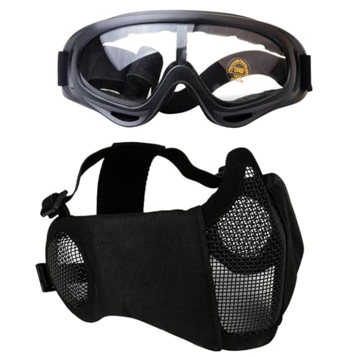 BOSREROY Adjustable Airsoft Half Face Face Cover with Goggles, Bendable Mesh Protective Face Cover for Outdoor Use