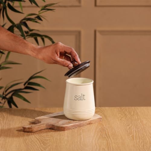 Image of Metallure Home Stylish Airtight Kitchen Containers | Set of 3 Metal & Wood Jars | Tea, Coffee & Sugar (Food Safe) (Cream SALT JAR)