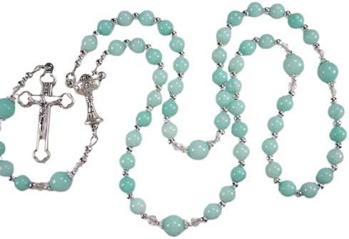 Girls Aqua Rosary 1st Communion Catholic Aqua Jade Gemstone Beads 16 34in Chica Primera Comunión Rosario