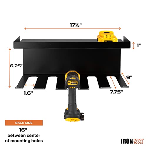 Image of Iron Forge Tools Power Tool Organizer for Shop & Garage, Heavy Duty Wall Mounted Rack With Storage & 5 Drill Storage Slots - For Workshop Organization
