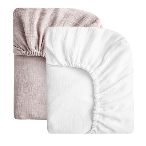 Image of SOULFUL Muslin Crib Sheets for Boys Girls, 2 Pack Soft and Breathable Organic Cotton Fitted Crib Sheets for Standard Crib Mattress (28"x 52", White & Mist Pink)