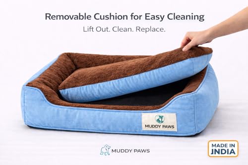 Image of MUDDY PAWS Reversible Sofa Style Dog Bed - XXL (95 x 73 x 22 cm) - Plush Fur Surface, Removable Cushion & Anti-Skid Base - Sky Blue & Brown