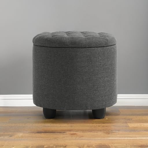 Furniliving 19 Inch Storage Round Ottoman, Footstools with Hidden Storage with Removable Lid, Stylish Button Tufted Design Ottoman Foot Stools for Living Room, Bedroom，Darkgrey - Image 6
