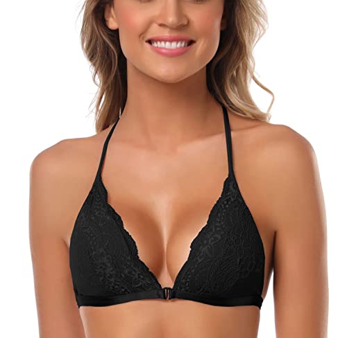 SHEKINI Women's Lace Bra Wireless Padded Triangle Bralettes for Women Front Closure Halter Bras for Women