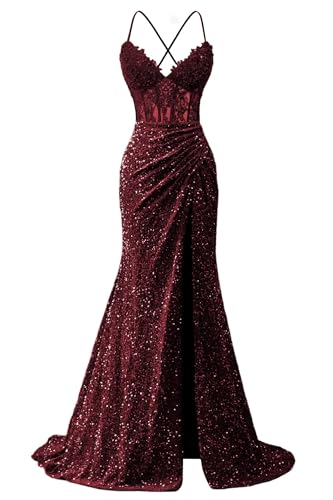Sparkly Sequin Lace Applique Prom Dresses for Women 2025 Spaghetti Strap Mermaid Slit Long Evening Party Gowns