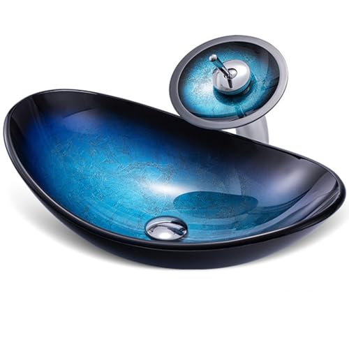 Gvqng Lavabo De BañO sobre Encimera, Lavabo De Vidrio Templado sobre Encimera, Lavabo De BañO Artistic, InstalacióN sobre Encimera Lavabo Ovalado sobre Encimera,02