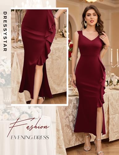 Image of Dressystar 2026 Women's V Neck Bodycon Mermaid Formal Evening Maxi Dress | Summer Wedding Guest,Cocktail Dresses for Women,Long Gown,Mermaid Split Ruffle Design ,Sleeveless,comfort and medium stretch