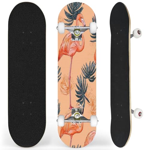 Complete Skateboard with Peach Fuzz Flamingo Seamless 2024 Peach Fuzz Trendy Flamingo Beginner Skateboard 7-Layer Maple Wood Double Kick Concave Skateboards for Kids, Adults, Teens 31