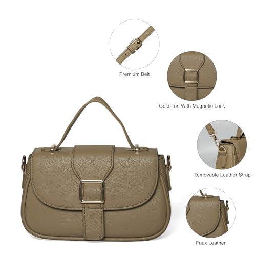 Image of Faux Leather Satchel Handbag for Women, Taupe, Magnetic Lock with Removable Shoulder Strap