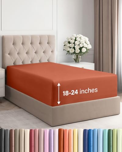 Image of Deep Twin XL Fitted Sheet - College Dorm Room Essentials - Terracotta | Easily Fits 18 inch to 24 inch Mattress, Wrinkle Resistant, Soft, Breathable & Comfy, Extra Deep Pockets Fitted Sheet
