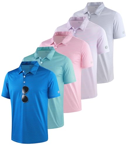 Image of ZITY 5 Pack Mens Golf Striped Polo Shirts Short Sleeve UPF 50+ Moisture Wicking Athletic Daily Casual Collared Shirt