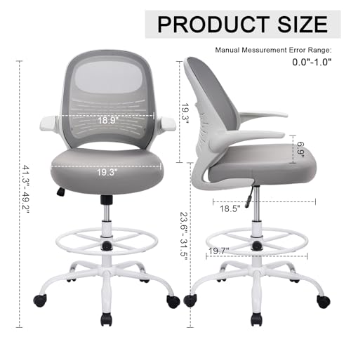 Image of HYLONE Tall Drafting Chair Standing Desk Chair with Flip-Up Armrests, Adjustable Height Ergonomic Office Chair with Footrest Ring - High Stool Chair for Standing Desk (Light Grey)