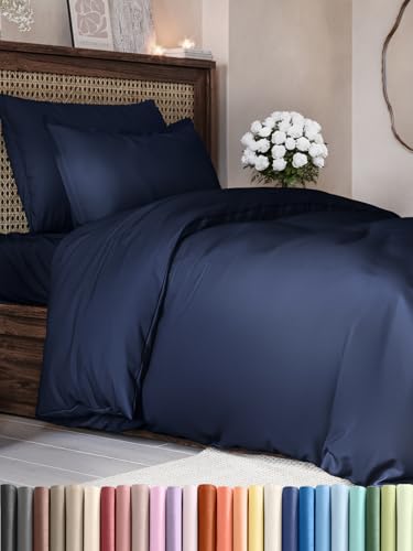 Housse de Couette 220x240 cm Bleu marine avec 2 Taies d’Oreiller 65x65 - Parure de Lit 3 Pièces en Microfibre Douce - Fermeture Éclair et Attaches Intérieures -...