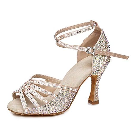 JUODVMP Chaussures De Danse Latine pour Femmes Strass Salle De Bal Salsa Tango Chacha Performance Professionnelle Pratique Chaussures De Danse Talon Haut 7.5cm, Modèle L430,Beige,38.5EU