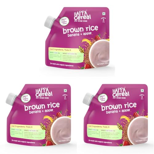 Image of Happa Brown Rice Apple Banana Cereal for Babies | 3 Ingredients | No Sugar, Oil, Milk Powder, Flavours, Colours | Cooks in 3 Minutes | Stage 2 (6 Months+) | 200g Pack (Pack of 3)