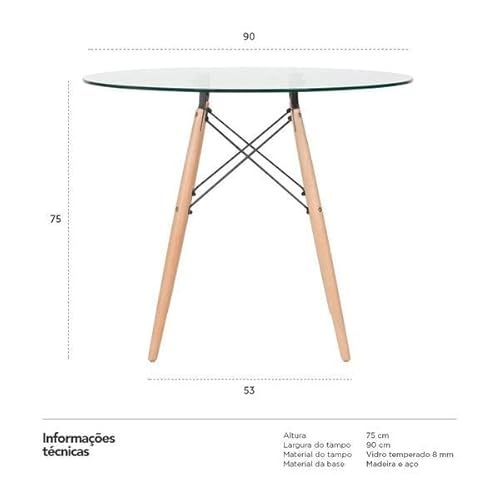 Mesa Eames Tampo de Vidro 90cm Transparente Empório Tiffany