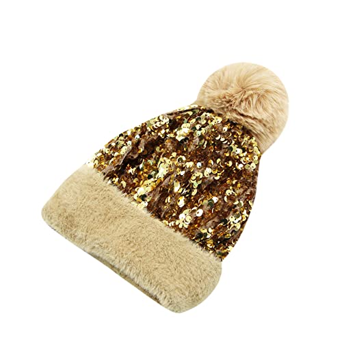 Caviotess Women Sparkly Sequins Knitted Beanie Hat Warm Winter Skull Cap With Faux Fur Pom Pom Gold #TOP1