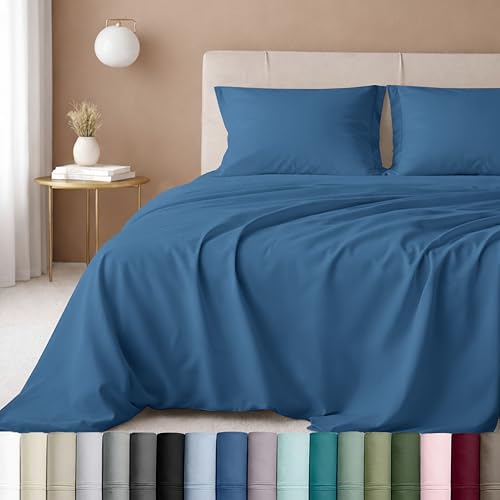 Image of California Design Den Natural 100% Cotton Bed Sheets Full Size Set - Luxury 600 Thread Count Sateen, Fully Elasticized Deep Pockets, Crisp and Durable - Parisian Blue