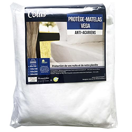 Colas Normand- Protège Matelas Absorbant antiacariens Vega Molleton 90x190cm - Coton recyclé et Polyester recyclé - antiacariens et Anti-bactériens - Souple et résistant - Bonnet 27cm, Blanc Cover