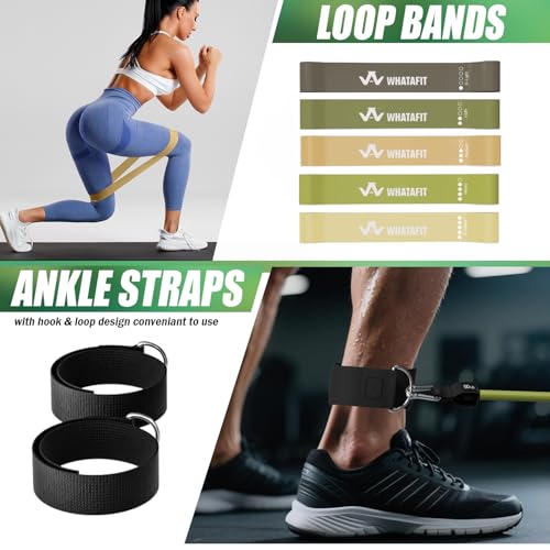 Image of WHATAFIT Resistance Bands, Exercise Bands, Workout Bands with Handles, Door Anchor and Ankle Straps, 5 Resistance Levels Fitness Bands for Strength Training, Physical Therapy, and Home Gym Equipment