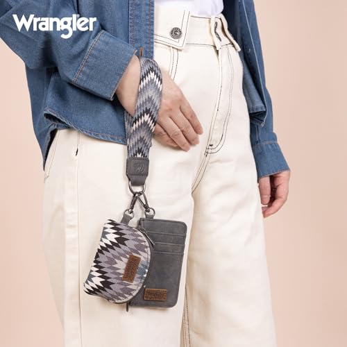 Image of Wrangler Aztec Keychain Wristlet Wallets for Women Western Dual Pouch Wristlet Credit Card Holder Wallet with Zipper Pocket WG2211-W0051GY