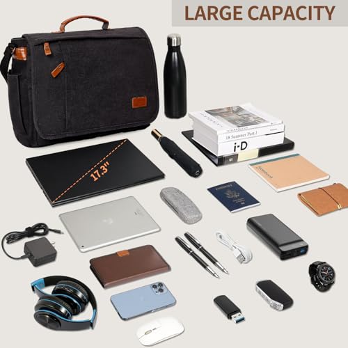 Image of ESTARER Messenger Bag 17.3 Inch, Mens Computer Bag for Teacher /College /Work /Travel, Water-resistant Canvas Laptop Bag Satchel Briefcase, Dark Grey