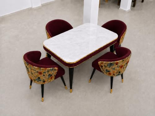 Image of WOODEN SPACE Majestic 4 Seater Wooden Dining Table Set | Urban Marble Top Dining Table with Chairs for Dining Room & Kitchen (Modern Classic Printed Maroon) (54 x 36 x 30 inch)