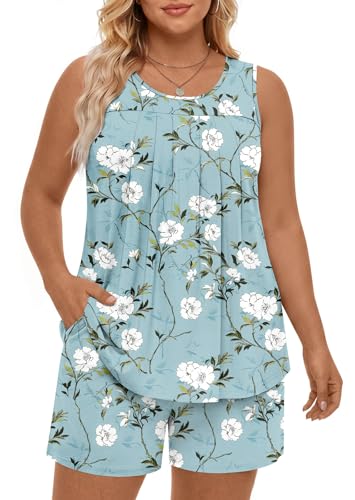 Image of Findsweet Plus Size Women's Pajamas Sets 2 Piece Soft Sleeveless Pjs Sleepwear Ladies Loungewear Sets with Pockets