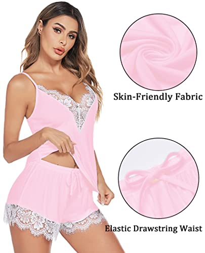 Image of Avidlove Women Pajama Set Lace Trim Short PJ Set Modal V Neck Sleeveless Sleepwear Drawstring Waist Nightwear S-XXL