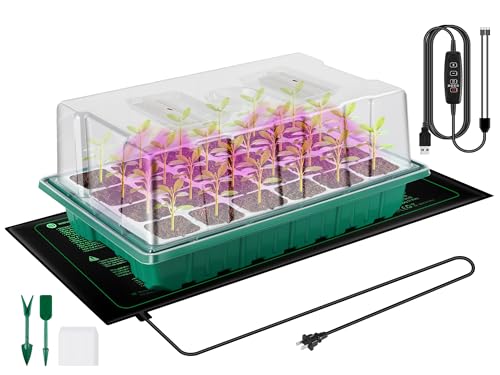 Verdenu Zimmergewächshaus Anzuchtkasten mit Pflanzenlampe Heizmatte, 1 Stück 24-Zellen Anzucht Gewächshaus mit Humidity Dome, 3 Beleuchtungsmodi, 4 Dimmstufen, Wiederverwendbare Anzuchtkasten