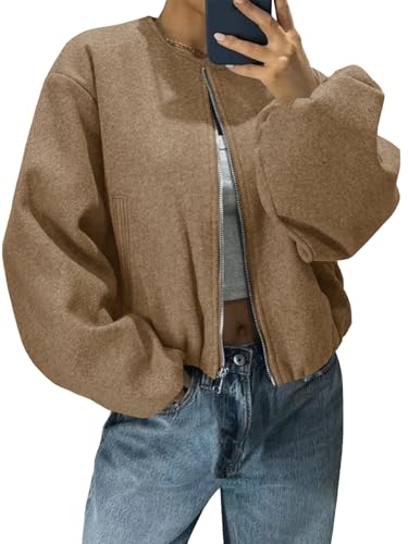 Tankaneo Womens Cropped Bomber Jackets Trendy Casual Collarless Pea Coat Zip Up Fall Short Jacket