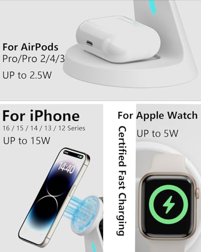 Image of Wireless Charger,3 in 1 Charging Station,15W Phone Charger Stand | Compatible with Mag-Safe Charger for iPhone 17 /16 /15 /14 /13 /12 Series, Apple Watch, AirPods (Adapter Included)