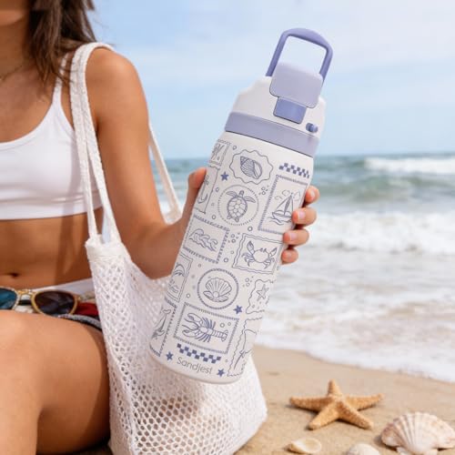 Image of Sea Animals Stainless Steel Water Bottle, Vacuum Insulated, Push-Button Lid, 32 oz, Gifts for Women Girls Friends Teens Birthday Christmas