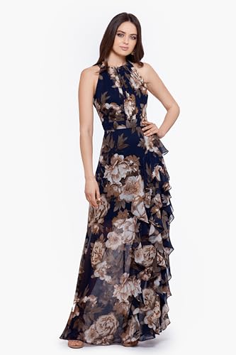 Image of Betsy & Adam Women's Elegant Long Chiffon Floral Dress with Ruffle Detail and Tie Neck