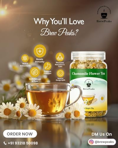 Image of BrewPeaks Organic Chamomile Flower Tea | 100% Natural Dried Flowers | Caffeine-Free Herbal Tea for Relaxation, Better Sleep, Calming Mind & Digestion Support | Anti-Inflammatory Loose Tea (25g)