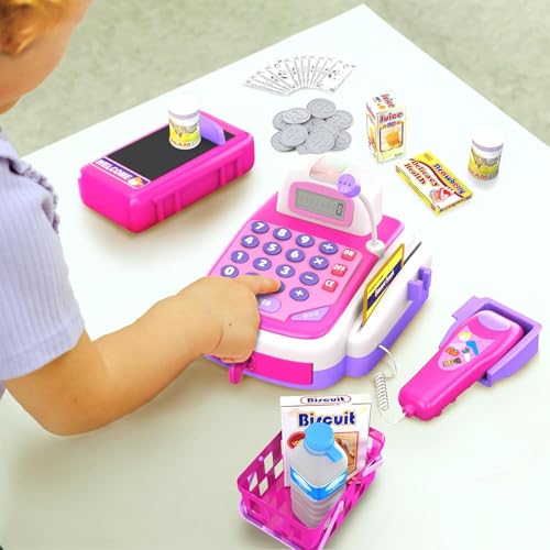 YMCtoys - Products Pretend Play Electronic Cash Register with Realistic Actions & Sounds - Pink - Thumbnail 4