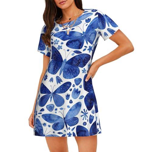 Chemise de nuit manches courtes femme fluide imprimé papillons bleus