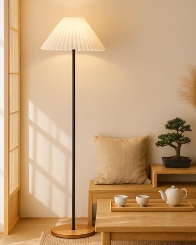 Image of Homesake Modern Floor Lamp for Living Room Traditional Farmhouse Boho Floor Lamp Mid-Century Pole Lamp, Linen Lamp Shade Side Standing Lamps | Corner Lamp Light | Hall Bedroom Office, Pleated White