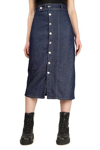Image of Button Side Split Denim Long Straight Skirt for Women & Girls
