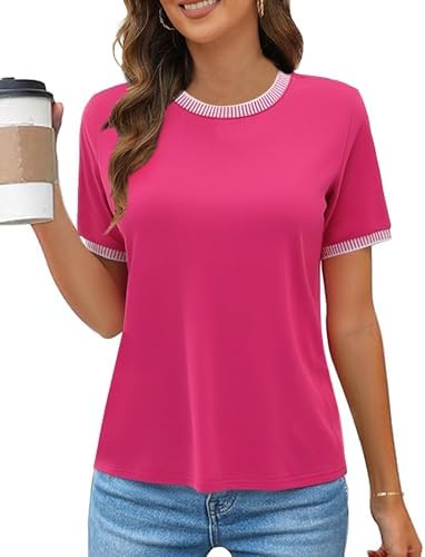 Women 2025 Summer Short Sleeve T-Shirts Crewneck Loose Casual Color Block Fashion Tee Tops